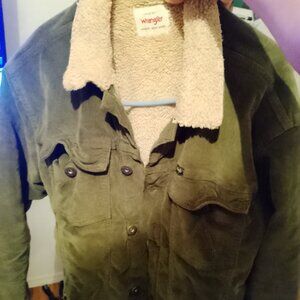 Wrangler Sherpa lined corduroy trucker jacket mens small olive green